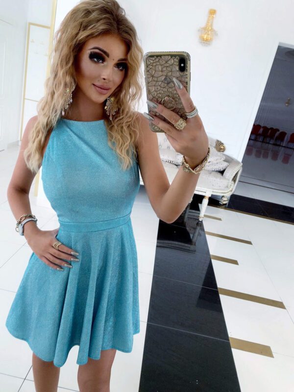 Front view of the Lanciano Blue Glitter Mini Party Dress with a sleeveless design and shimmering finish, perfect for special events.