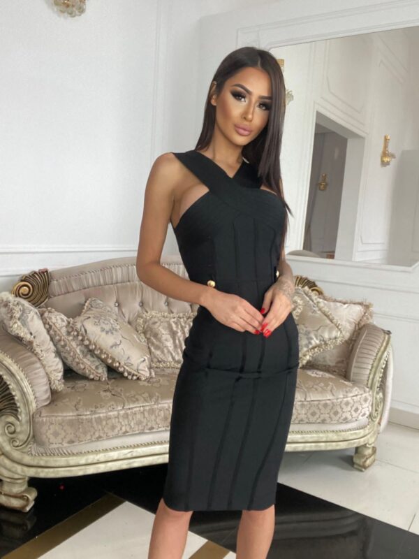 Front view of the Cranberry Black Midi Pencil Dress featuring a cross-strap design and sleek silhouette, perfect for evening parties.