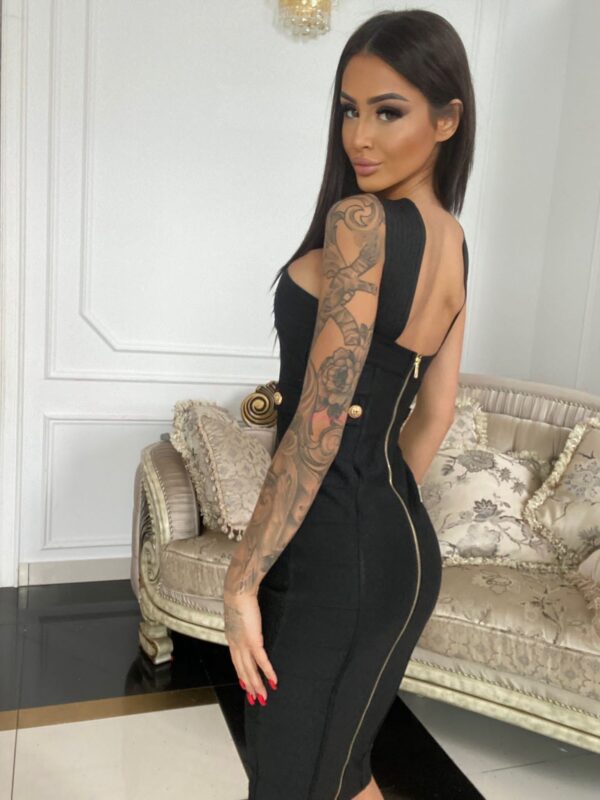 Back view of the Cranberry Black Midi Pencil Dress showcasing a gold zip detail and figure-flattering fit for a stylish party look.