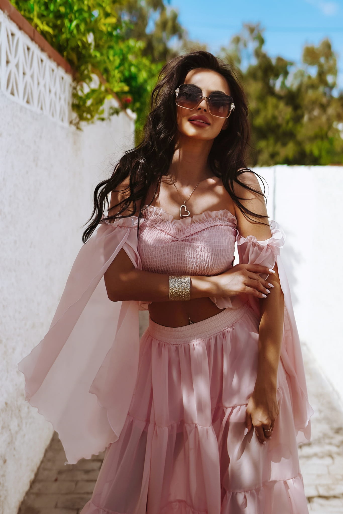 Chiffon Crop Top With Long Skirt Two Piece Set Co Ord Summer Wear Pastel Pink