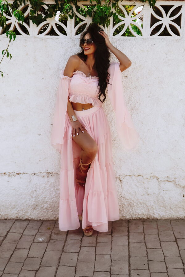 Chiffon Crop Top With Long Skirt Two Piece Set Co Ord Summer Wear Pastel Pink