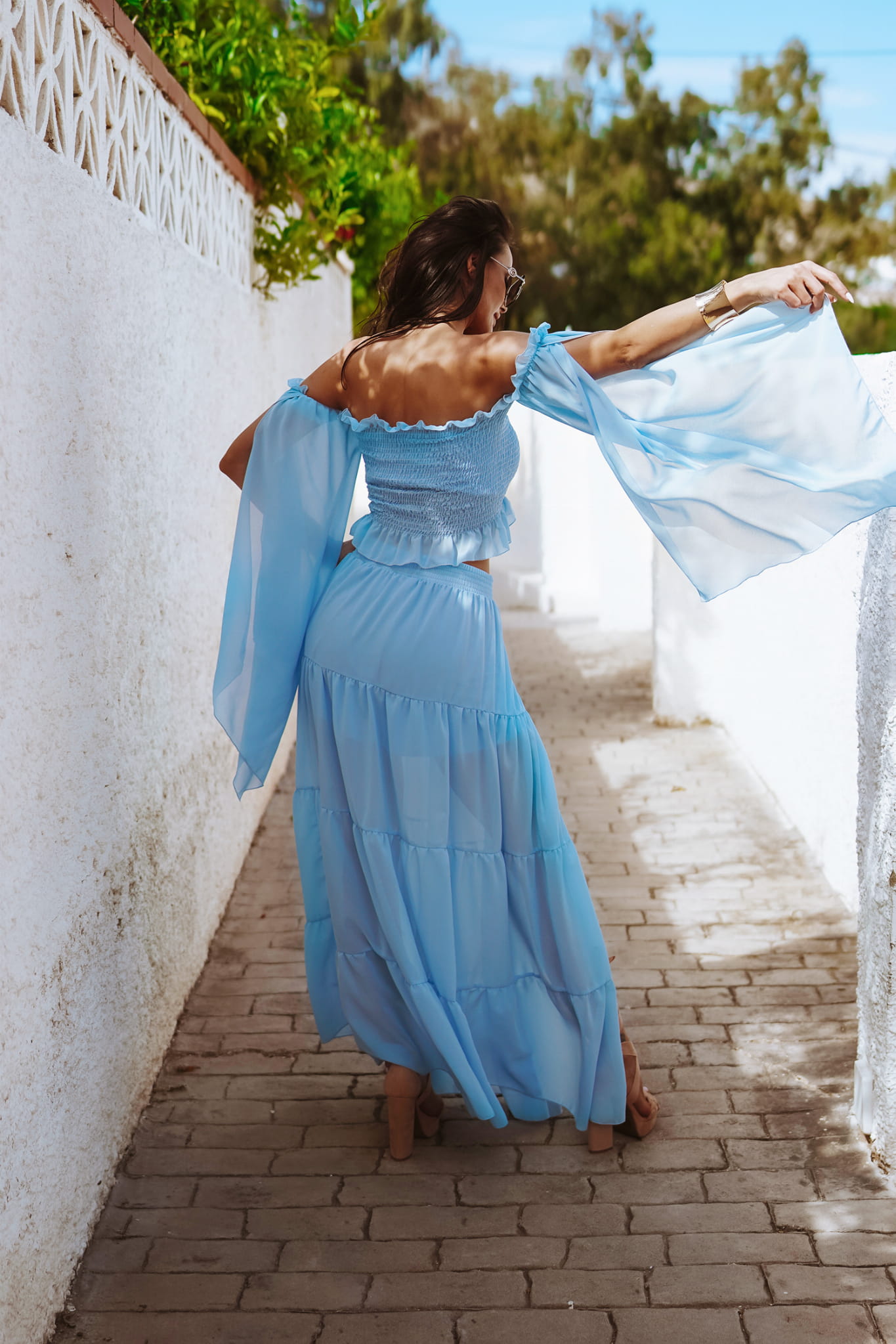 Chiffon Crop Top With Long Skirt Two Piece Set Co Ord Summer Wear Blue